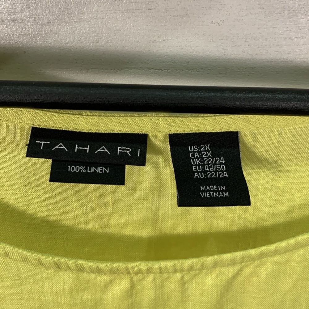 Tahari neon yellow linen tunic hi/low short sleeve tunic blouse size 2X - Picture 5 of 7